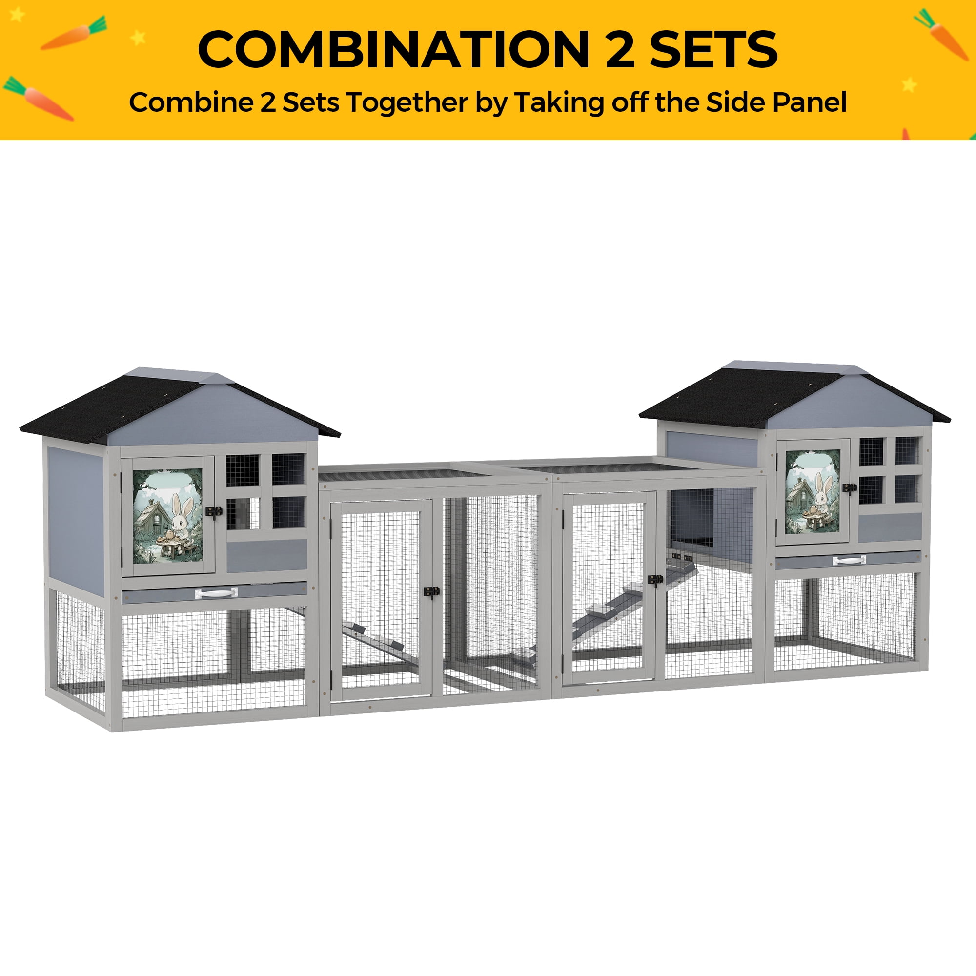 2-Tier Wood Rabbit Hutch Indoor Outdoor Small Animal House with Removable Tray, Ramp, Openable Roof, Bunny Cage for Ducks, Squirrels