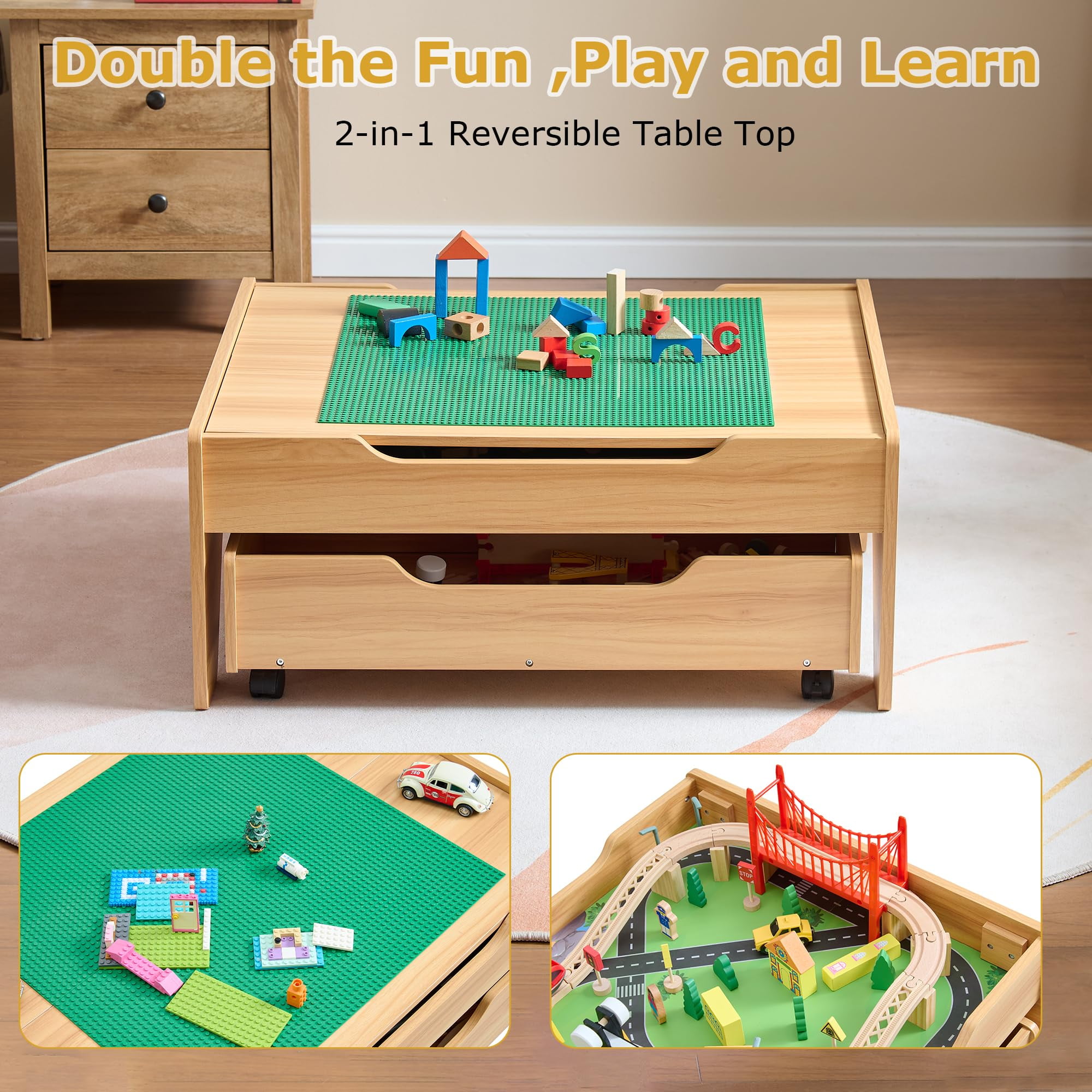 Train Table, 3-in-1 Wooden Kids Train Table with Storage Drawer, Rolling Kids Activity Table with Wheels, Toddler Train Track Table DIY Design for Gaming, Drawing, Building