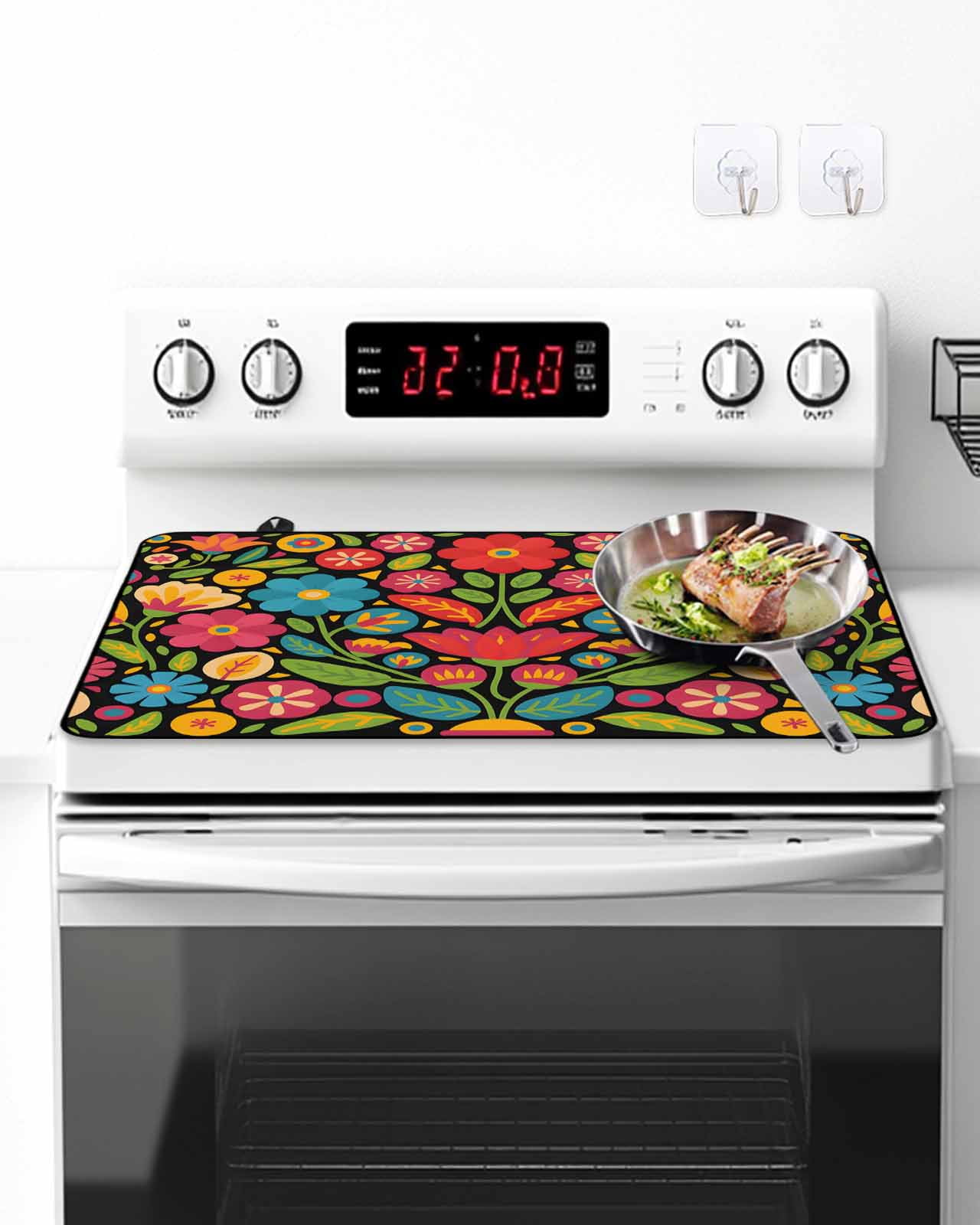 Stove Top Covers for Electric Stove, Boho Flower Glass Stovetop Cover Protector, Red Blue Yellow Colorful Mexico Tribal Induction Cooktop Protector Oven Mat for Kitchen Countertop 24"x21"