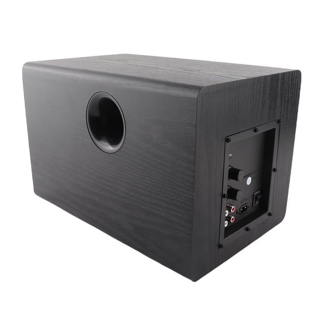 altavoz de subgraves, salida clara de alta potencia de 100 w, subwoofer activo de 6,5 pulgadas que mejora los graves para el hogar — Subwoofer activo de 6.5" con gabinete rectangular redondeado en madera de fibra sintética, vista en 3/4 que muestra el puerto bass-reflex lateral y el panel trasero con perillas, entradas RCA y terminales; RMS 100W, PMPO 150W, impedancia 4 ohmios; adecuado como bocina para cine en casa.