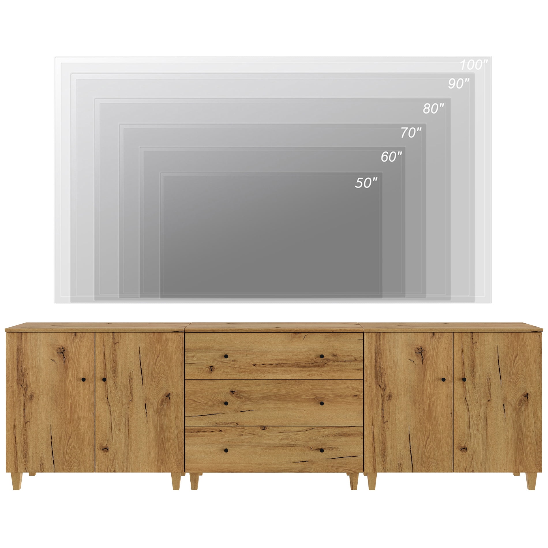 WAMPAT Wide TV Stand for 100+ Inches TVs, 3-in-1 Modern Wooden Media Console with 3 Spacious Drawers and 2 Storage Cabinets for Living Room, Oak Brown