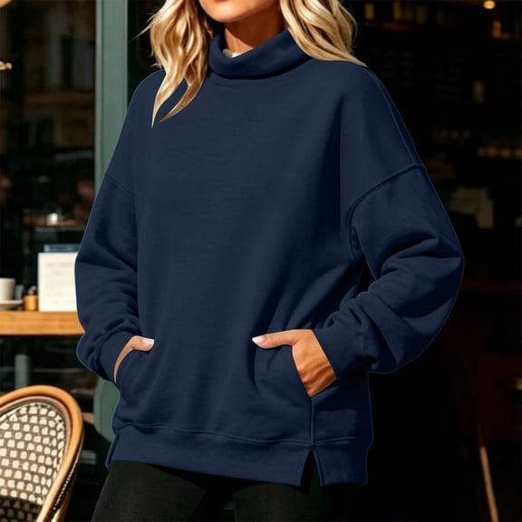 Nfurl Womens Sweatshirts Trendy Turtleneck Long Sleeve Sweatshirts with Pockets Loose Fit Casual Oversized Sweatshirt Navy,XL