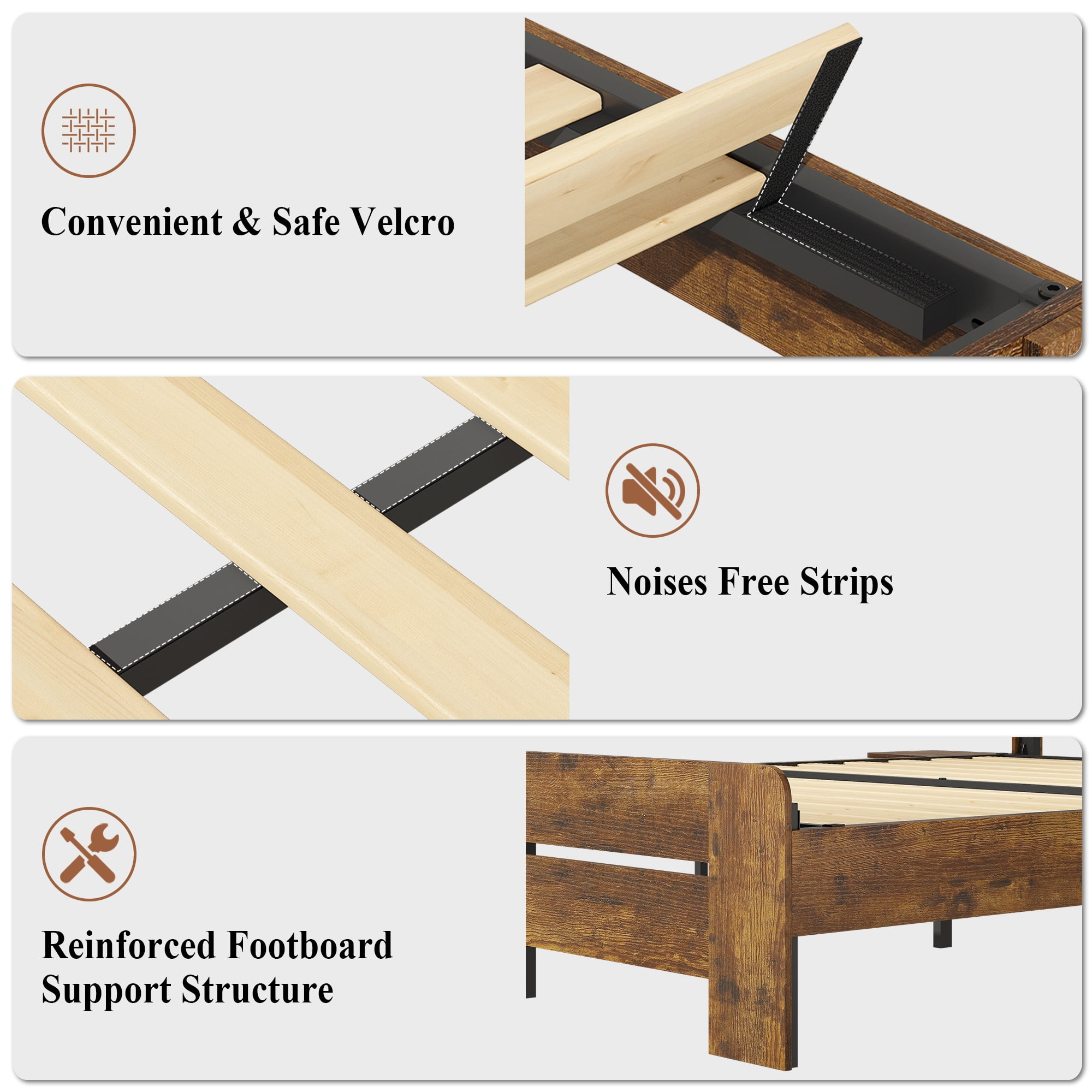 Wood Queen Bed Frame with Headboard for Bedroom, Holaki Rustic Farmhouse Platform Bed with USB Port & 2 Foldable Side Storage Racks, 12 Wood Slats Support, No Box Spring Needed, Easy Assembly