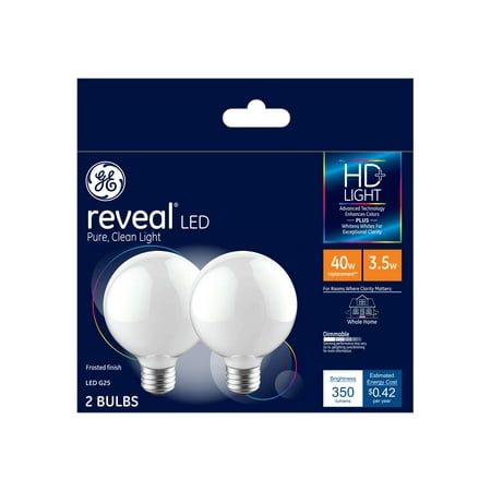 GE Reveal LED Globe Light Bulbs, 40 Watt Eqv, G25 Globe Bulbs, Medium Base, 2pk