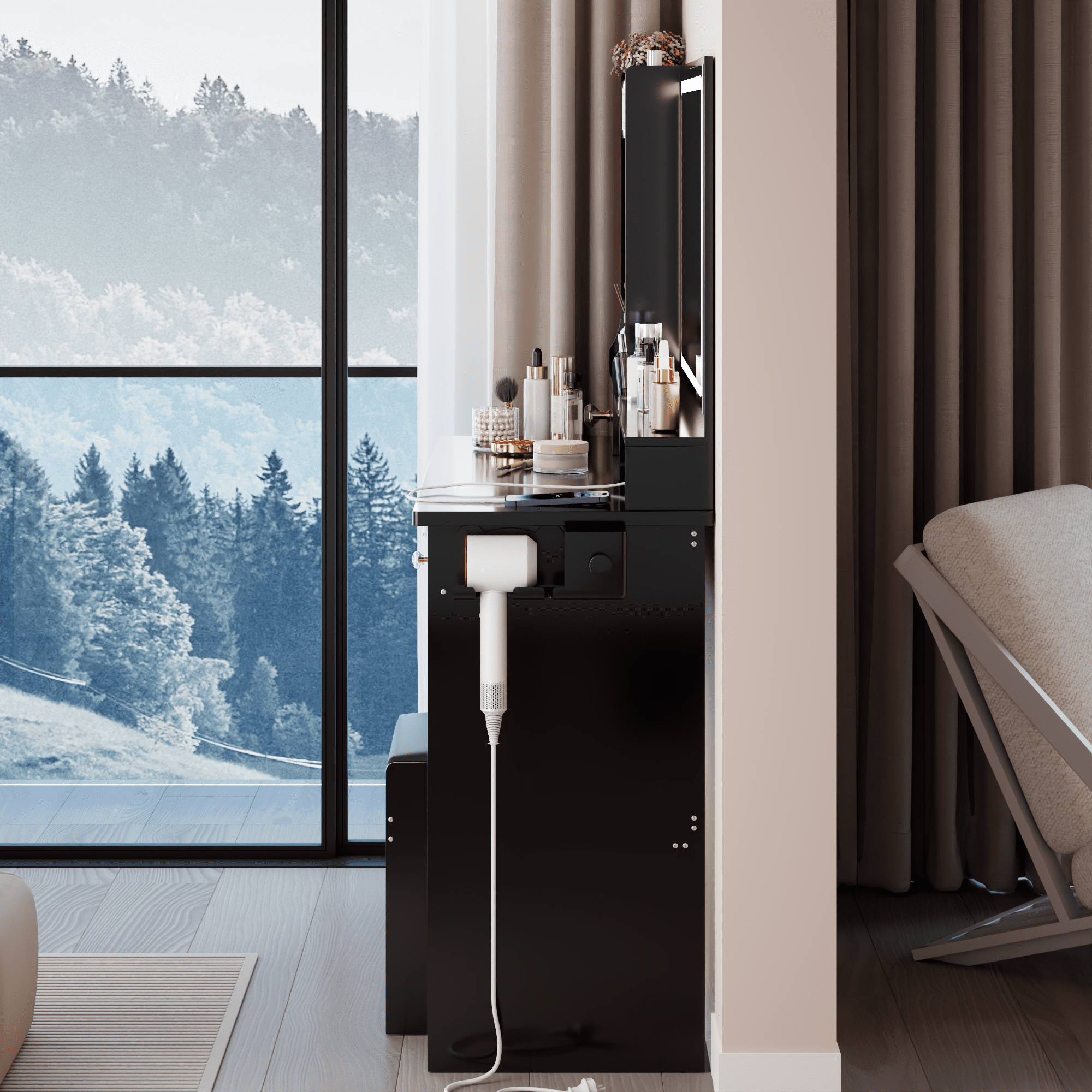 Euroco 41" Large Size Left Drawer Desktop Vanity Table+Cushioned Stool Dresser Set, 2 AC+2 USB Power Station, Hair Dryer Stand, Extra Large Touch Control LED Mirror