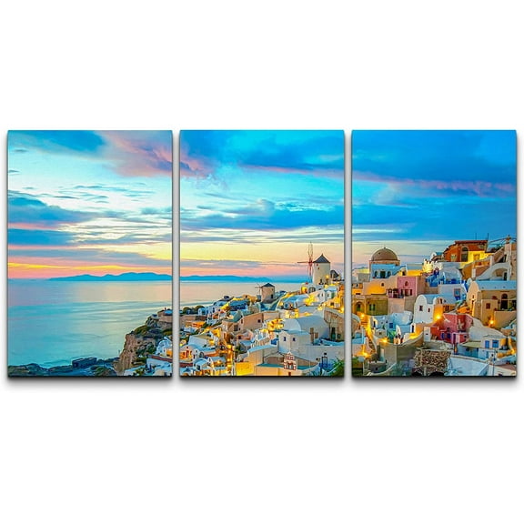 wall26 Canvas Print Wall Art Set Vibrant Sunrise Sea Santorini Greece Architecture Nature Cityscape Photography Realism Landscape Colorful for Living Room, Bedroom, Office - 24"x36" x 3