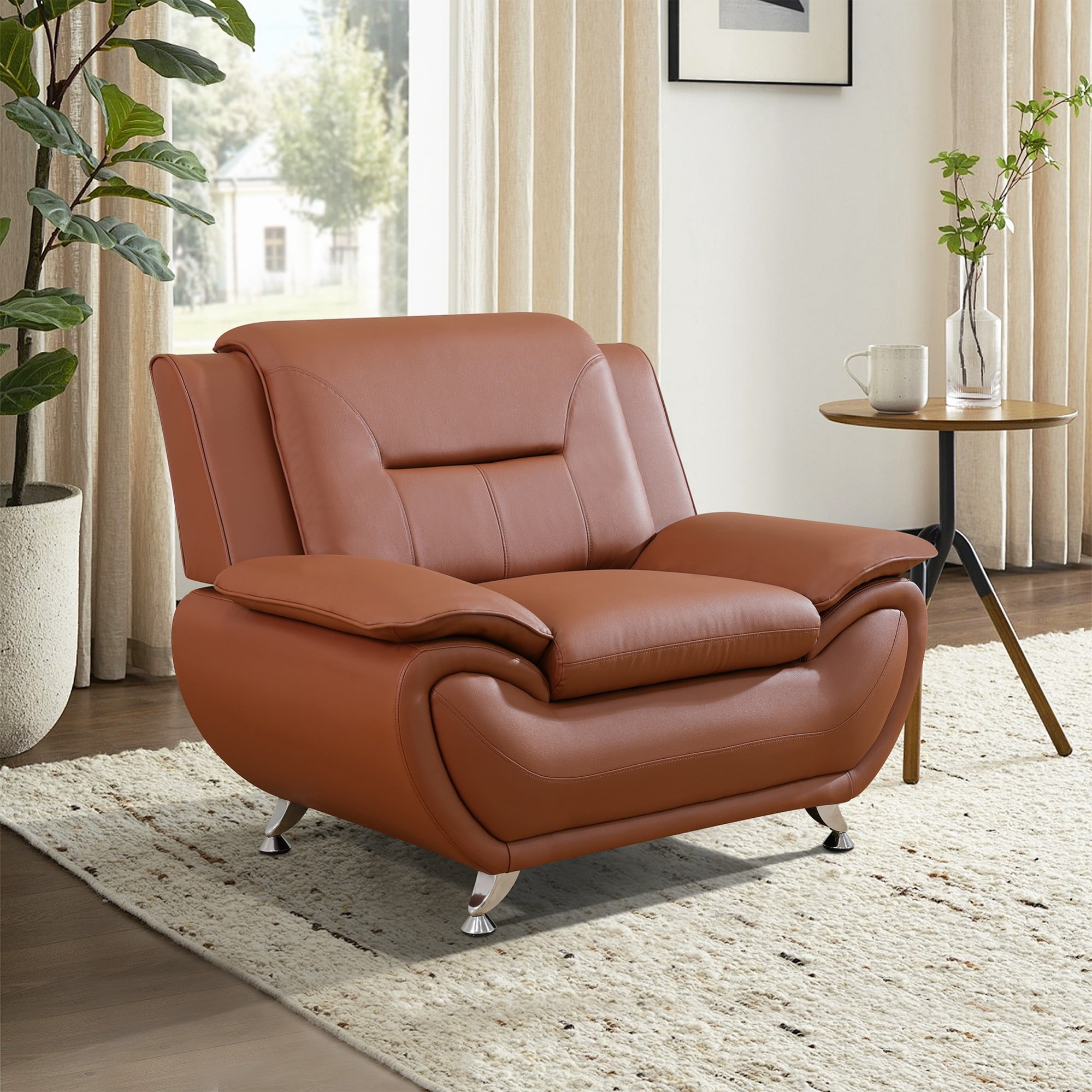 Gewnee Single Sofa, 46" Sofa Chair,Breathable Faux Leather Upholstery, Solid Wood Frame Living Room Lounge Accent Chair ，Bright Bronze