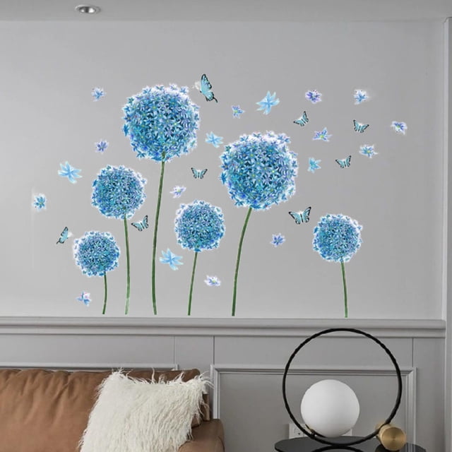 Pegatinas de pared de diente de león azul perfecl calcomanías florales extraíbles impermeables mariposas