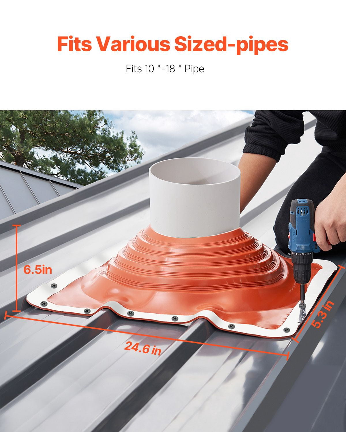 Roof Pipe Flashing Kit, 1 Pack Red Silicone Square Boot, 24.6 x 24.6 x 5.3", Fits Pipe OD 10" to 18", Aluminum Base, for Metal & Wood Roofs, Chimneys & Vents