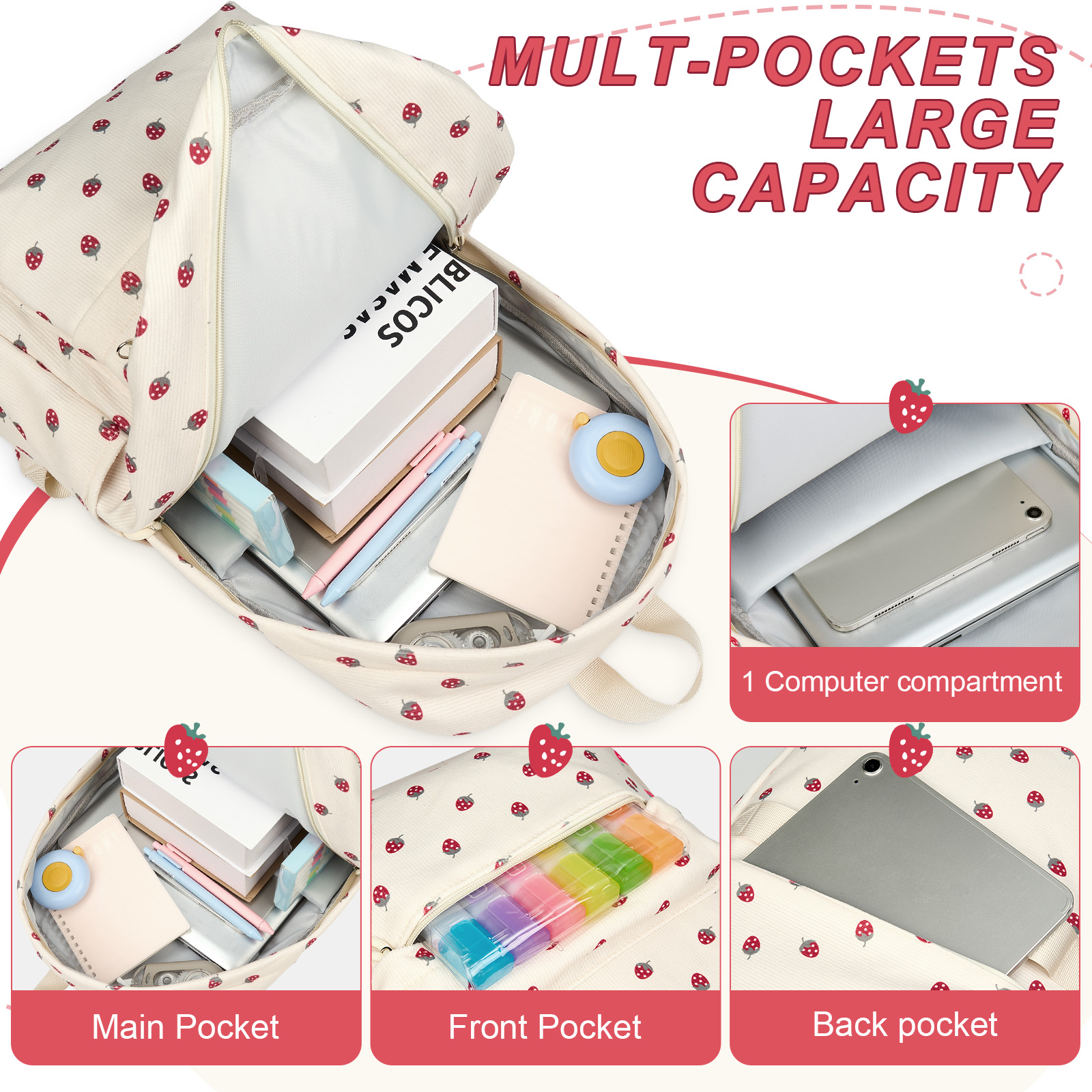 Mochila escolar para niños y adolescentes, linda, para niñas, para secundaria y preparatoria, gran capacidad, ligera, para universidad, beige con fresas 2