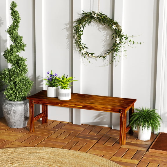 Outsunny 2-Seat Wood Garden Bench, Slated Patio Bench Outdoor Bench, Carbonized