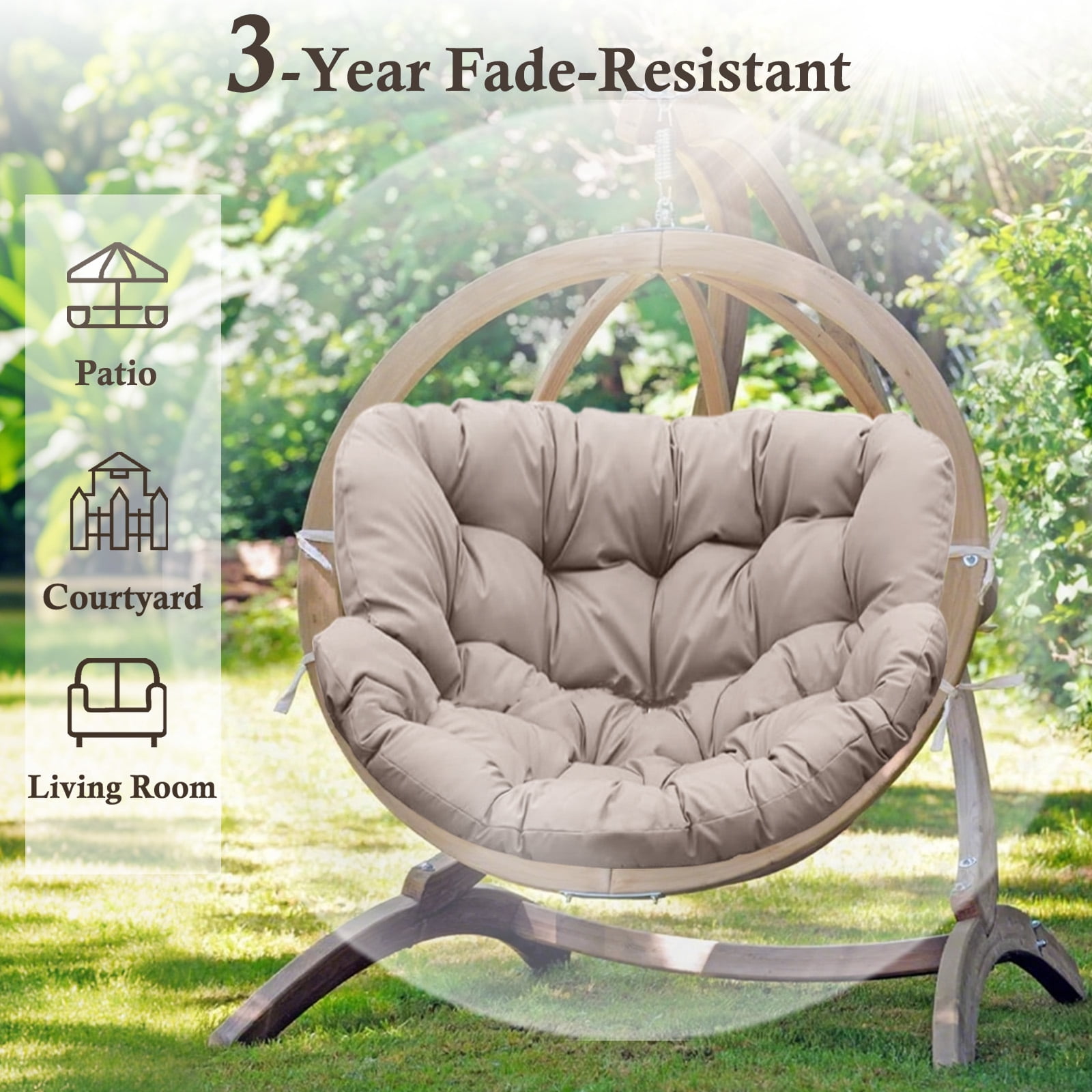 Egg Chair Cushion Replacement Waterproof – Outdoor Rocking Chair Cushions 6.3" Thick UV Resistant with 6 Straps for Patio, Balcony, Garden, Khaki