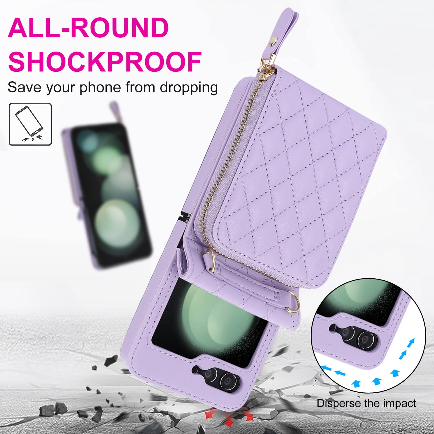 Allytechgroup Galaxy Z Flip 7 Wallet Case with Hand Wrist Shoulder Strap, Premium PU Leather Cards Slots Zipper Pocket Shockproof Protective Phone Case Cover for Samsung Galaxy Z Flip7, Purple