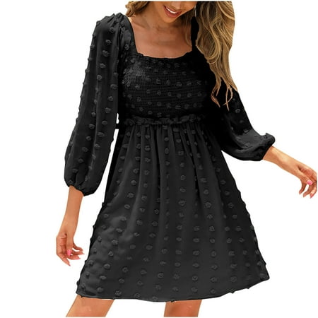 

Red Dress Prom Dress Long Sleeve Dress for Women Women s Summer Fashion High Waist Square Collar Lantern Three Quarter Sleeves Polka Dots Dress Summer Savings Sundresses Valentines Dress