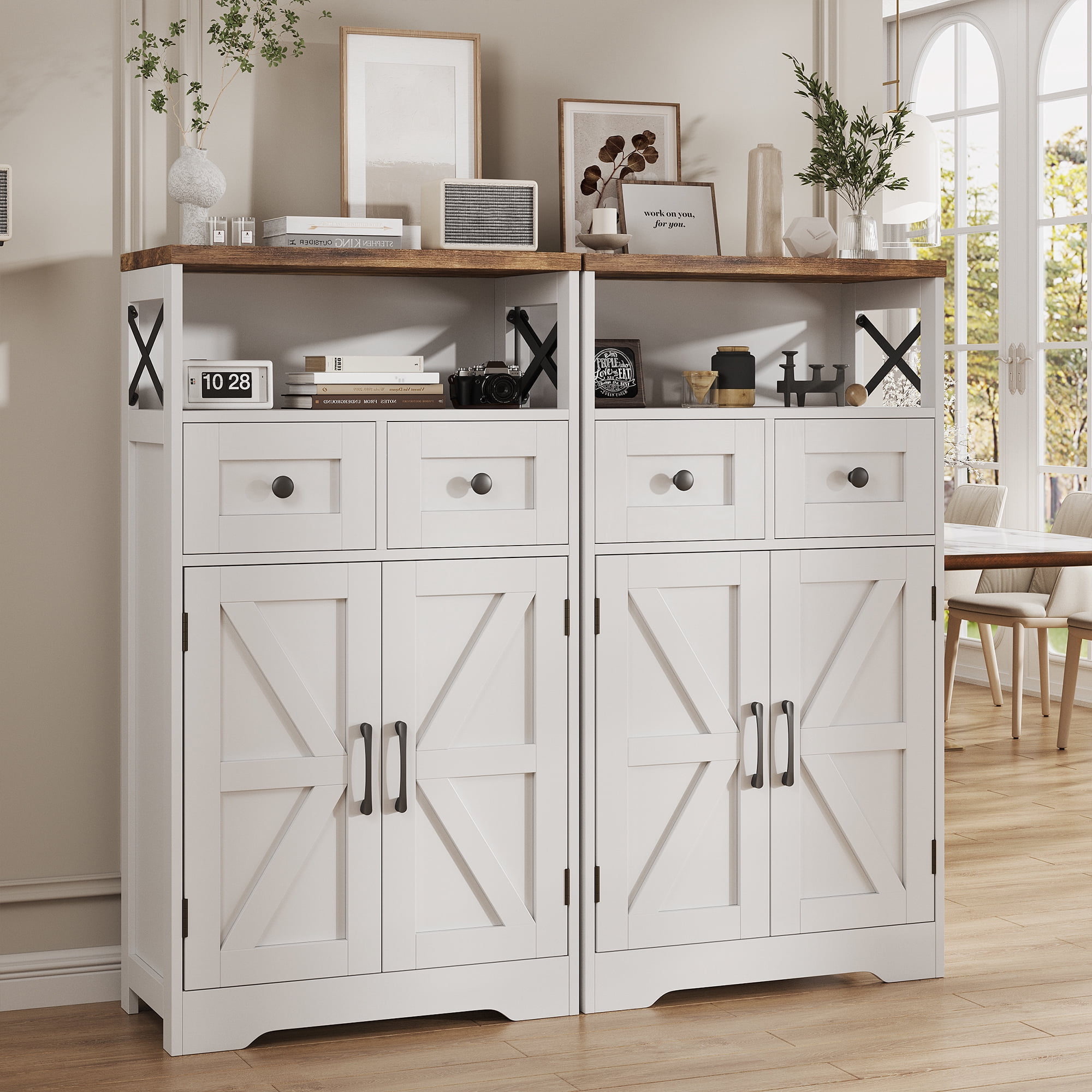 Farmhouse Storage Cabinet with Doors and Drawers, Freestanding Kitchen Pantry Cabinet Sideboard, White