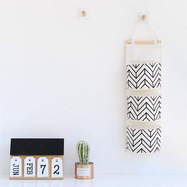 Adhesive Wall Hooks Linen Cotton Fabric Storage, Collapsible Design Wall Mount Organizer With Adjustable Rope, Over Door Hanging Storage For Kitchen Bedroom Bathroom 3 Packs