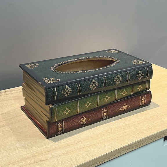 Xoxingysm Bathroom Products Vintage Stacked Books Design Solid Wood Tissue Box Holder Rectangular with Easy Hinged Top Home Office Decor Tissue Box Cover
