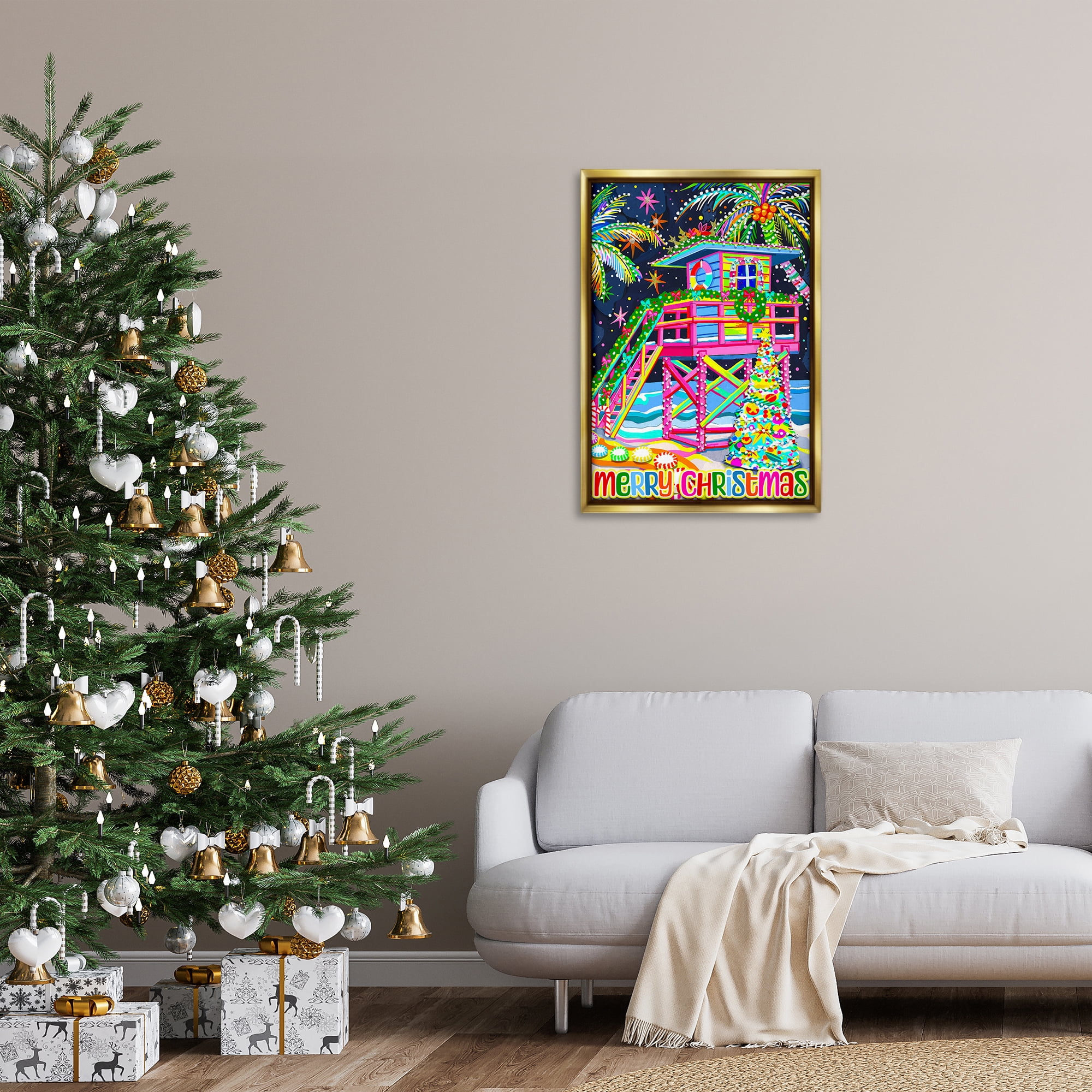 Stupell Industries Whimsical Seaside Christmas Holiday Painting Gold Floater Framed Canvas Art Prints Wall Art, 21 x 31