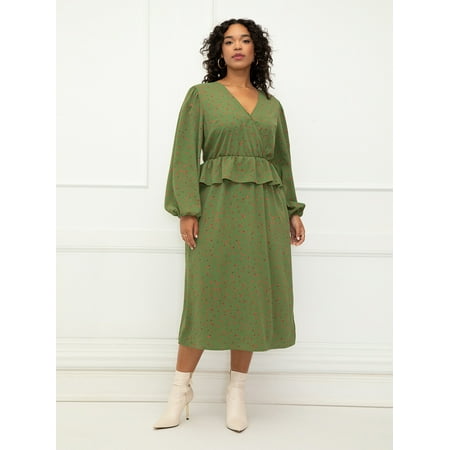 ELOQUII Elements Mixed Print Puff Sleeve, Midi Dress with Peplum (Women's Plus)