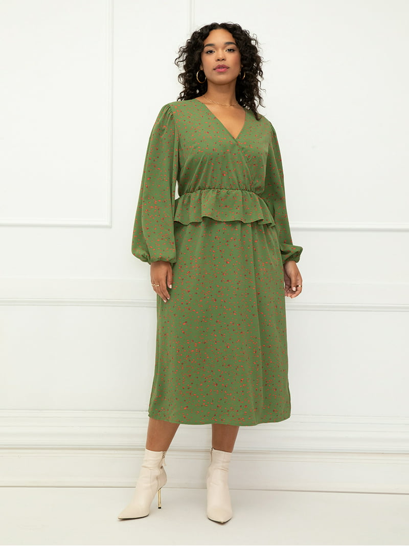 ELOQUII Elements Women's Size Mixed Print Midi Dress With Peplum -