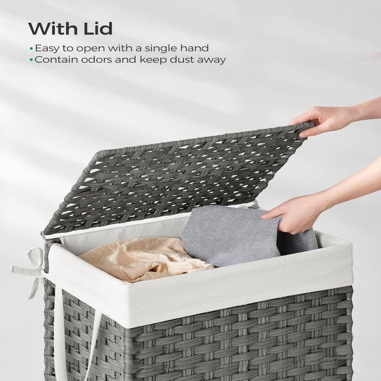 Kelno 110L Laundry Basket with Lid Foldable Rattan Clothes Hamper with Removable Liner Bag, Gray