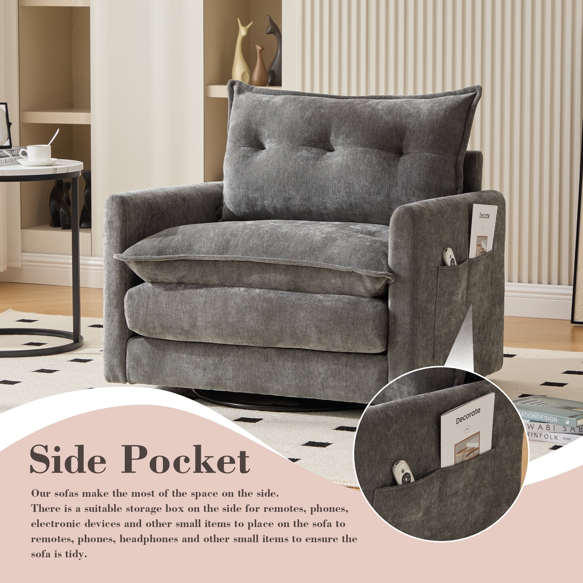 MOONMISS Chenille Upholstered 360°Degree Swivel Mid Century Modern Arm Chair for Living Room-Gray