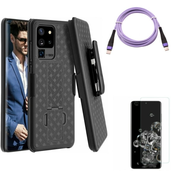 Case Belt Clip w Screen Protector w Purple 10ft PD Cable for Samsung Galaxy S20 Ultra - Holster Swivel Cover, Tempered Glass [Fingerprint Unlock] 3D Curved Edge, Type-C to USB-C fits Galaxy S20 Ultra