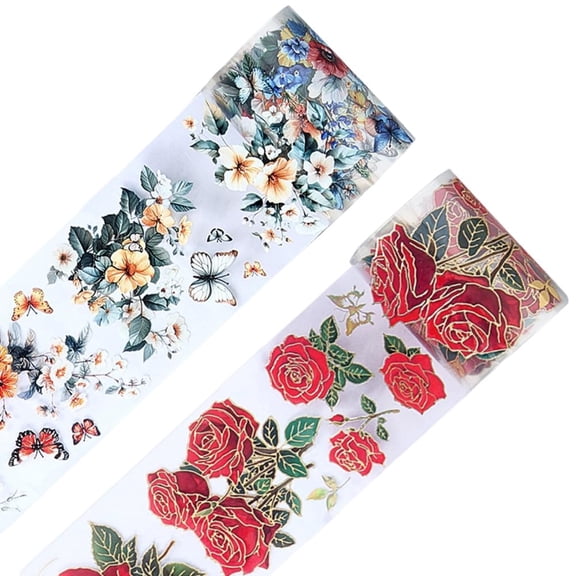 2 Rolls 2m x 6cm Flower PET Tape Decorative Tape Rolls Red Rose Floral Colorful Transparent Wide Aesthetic Self Adhesive Planner Stickers for DIY Journal Photo Album Diary Scrapbook Decor