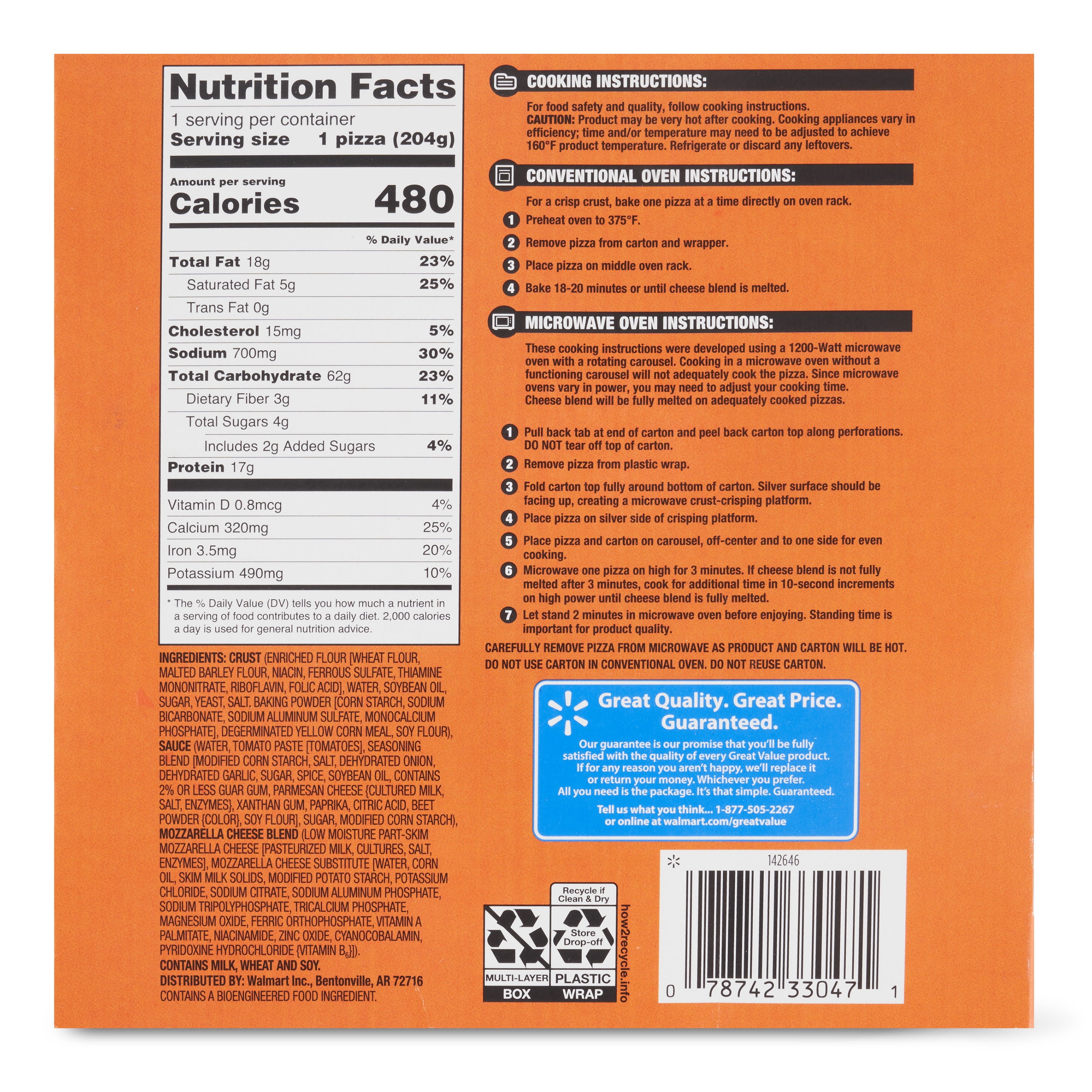 Great Value Microwavable Thin Crust Cheese Pizza, 7.2 oz (Frozen)