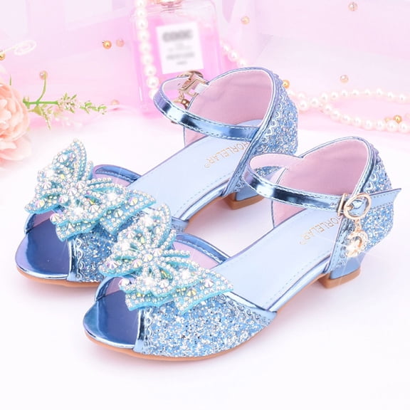Rhinestone Bow Princess Sandals for Girls, Glitter Low-heel Shoes with Adjustable Ankle Strap Blue 26