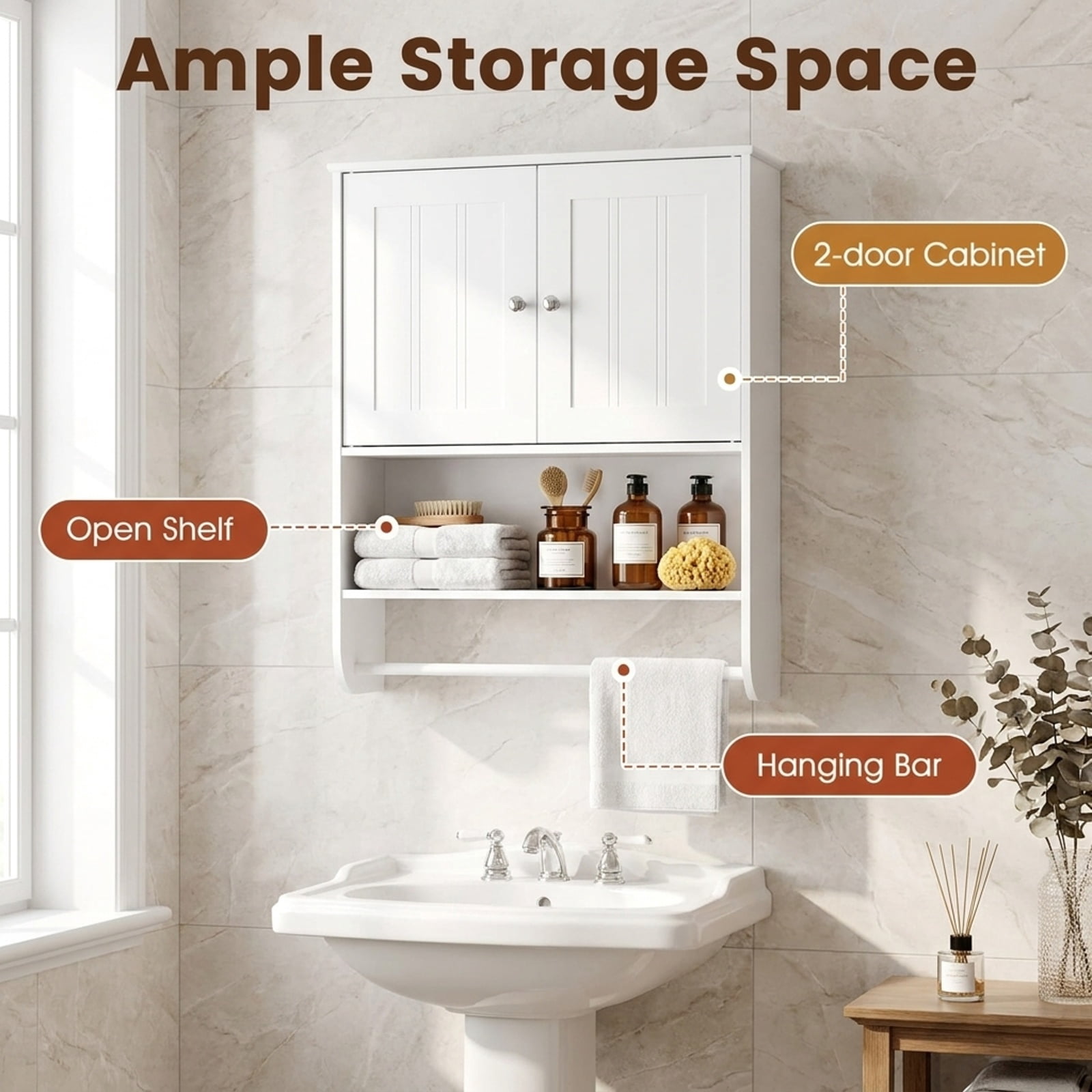 Vebreda Bathroom Towel Rack, Bathroom Wall Cabinet with Towel Bar and Open Shelf, Ample Storage Space, Flexible Storage Options