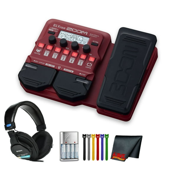 Zoom B1X Four Bass Multi-Effects Pedal with Expression Pedal Bundle With MDR-7506 Professional Stereo Headphones   Microfiber Cleaning Cloth   Balanced Interconnect 1/4 inch TRS to Same Cable