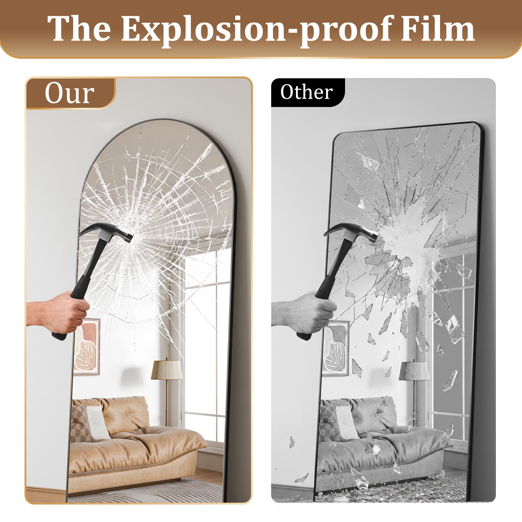 Easy4Home 78"x 35" Arch-Top Oversized Full Length Mirror Metal Frame Freestading Floor Mirror, Black
