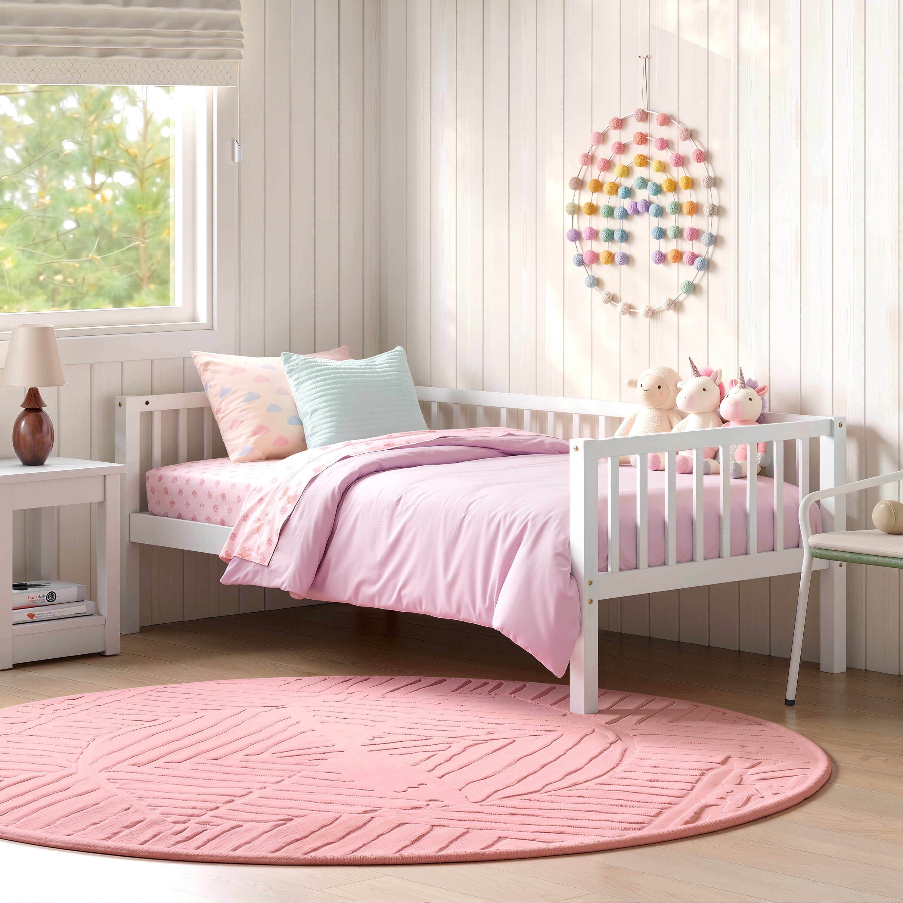 GARITIN Twin Size Daybed, 3-Sided Vertical Slat Guardrail Bed Frame, Breathable Wooden Slat Support Leisure Bed for Kids Bedroom Guest Room, White