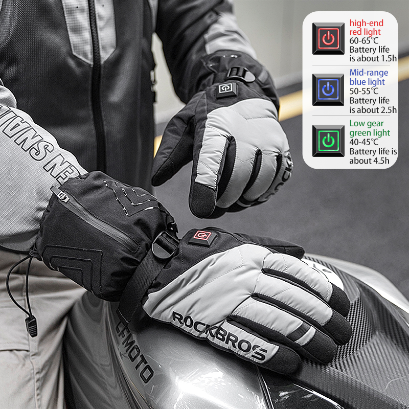 ROCKBROS Electric Heated Bike Gloves Winter Ski Gloves Motorcycle Full Gloves 4000mAh Rechargeable Battery Thermal Mittens Gloves Men