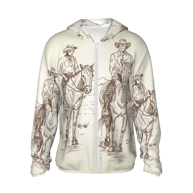 Wukai Cowboys Riding Horses In Desert for Adult Long-sleeved Sun Protection Clothing, Zippered Hooded Sports Sun Protection Clothing, Unisex-Medium