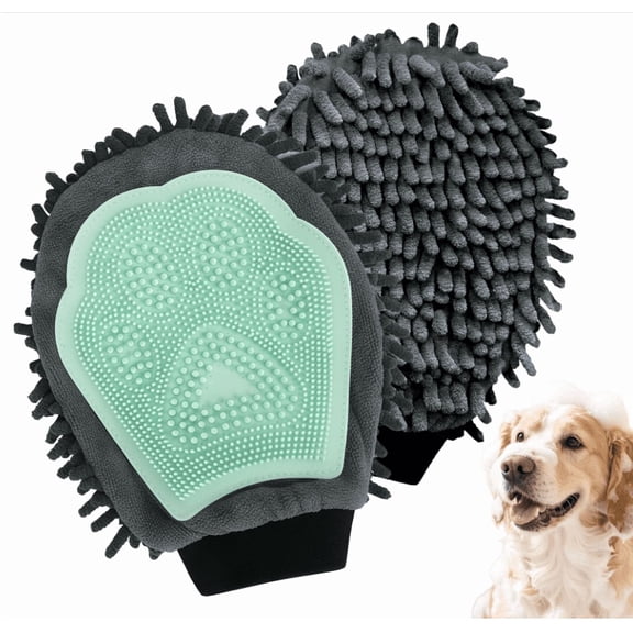 JUNBEI Green Double-Sided Dog Bath Gloves Dog Wash Gloves Massage Dog Brush Gloves Dog Cat Chenille Absorbent Pet Towel Mite Pet Grooming Gloves Hair Removal Gloves