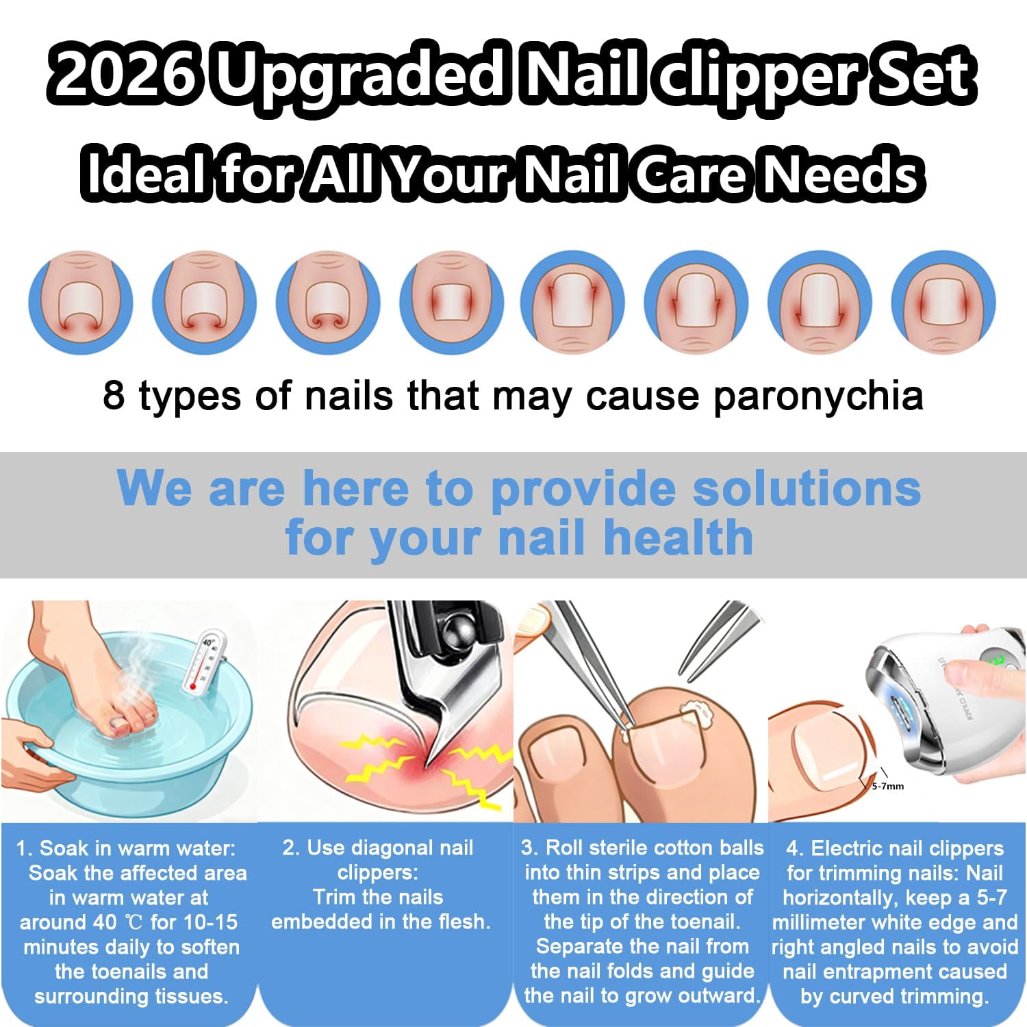 Electric Nail Clipper, 4-in-1 Rechargeable Automatic Nail Clipper Set with 3 Speed Gears/Nail File/Polishing/Trimmer/LED Light, Safe Smart Nail Clippers for for Baby, Kids, Adult and Seniors, White