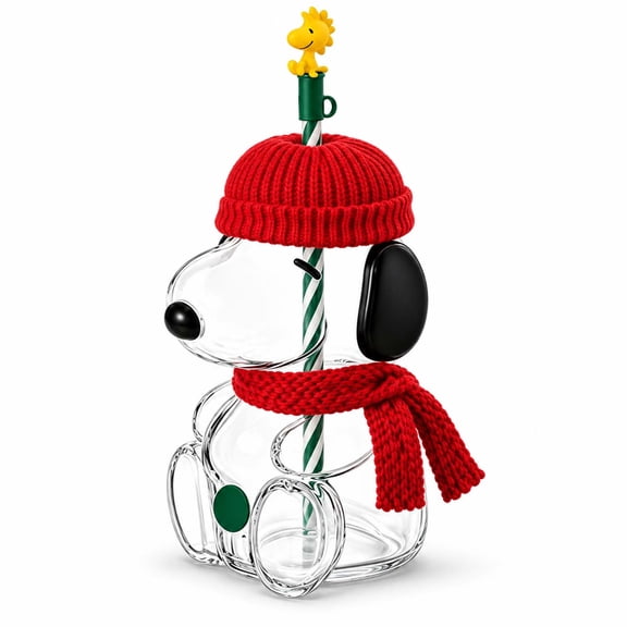 Yichu Cartoon Dog Glass Cold Cup with Straw, Red Silicone Hat and Knit Scarf Decor, 20 oz Clear Tumbler for Juice Milk Tea Smoothies Water Halloween and Christmas Gifts