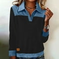 thumbnail image 2 of SELONE Collared Sweatshirts for Older Women Denim Patchwork Tops Long Sleeved Casual Shirt Color Block Pullover Black L, 2 of 8