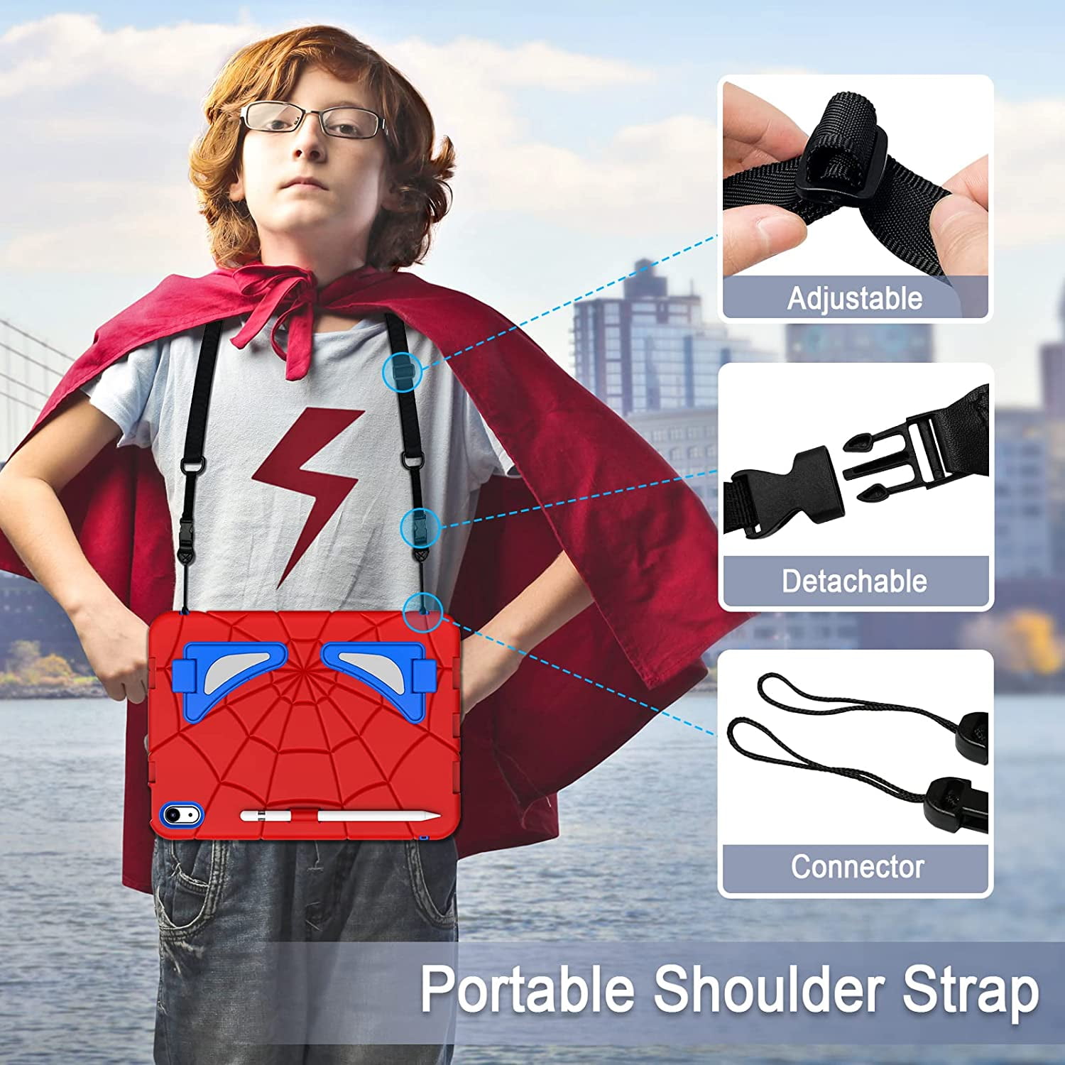 REQO iPad 10th Generation Case 2022, Kids Friendly iPad 10.9 Case with Kickstand Shoulder Strap Pencil Holder, Heavy Duty Protective Case for iPad 10th Generation 2022 Release, Red Royal Blue
