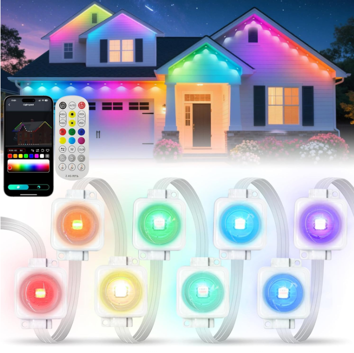 Permanent Outdoor Lights, 200-Foot RGBIC Eave Lights, IP67 Waterproof Home Lighting, Smart LED with App/Remote Control, Ideal for Outdoor Decor, Garden Decor, Parties, Holidays