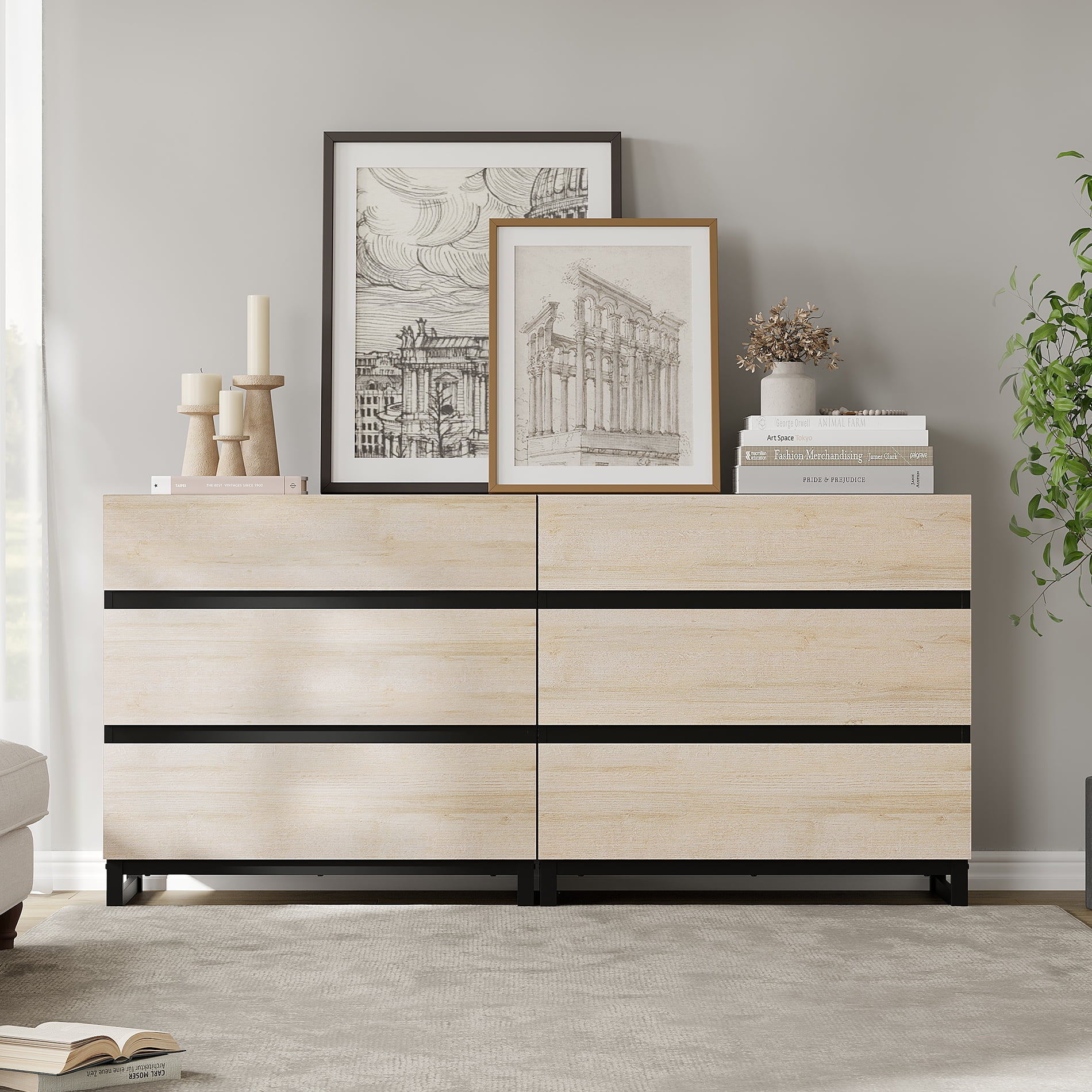 Modern Wood Dresser with 6 Drawers and Sturdy Metal Base, Multi-Functional Chest of Drawers Storage Organizer for Bedroom, Living Room, Hallway and Entryway, Beige