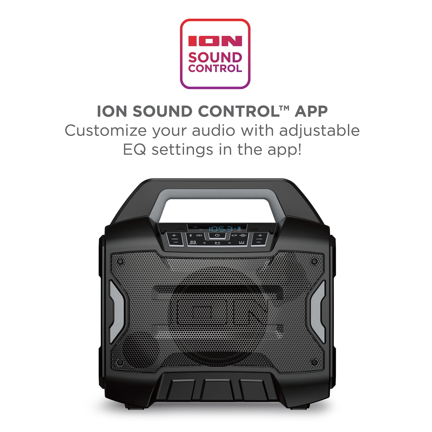 ION Sport Boom All-Weather Rechargeable Portable Speaker with FM Radio, Microphone, and Stereo-Link, Black, SPORTBOOMXUS