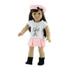 18 Inch Doll Clothes | Lovely Pleated Skirt Outfit, Including Matching Beret Style Hat with Bow, T-Shirt with Eiffel Tower Paris Graphic and Black Faux Suede Ankle Boots | Fits American Girl Dolls