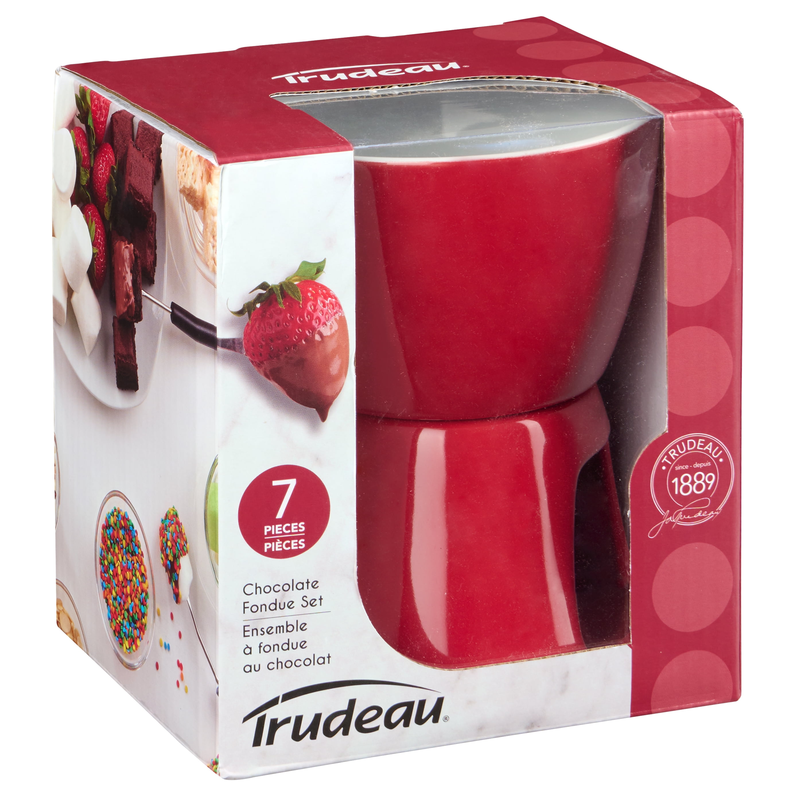 Trudeau 7 Piece Chocolate Fondue Set, Stoneware Bowl Heated with Tea Lights, Red