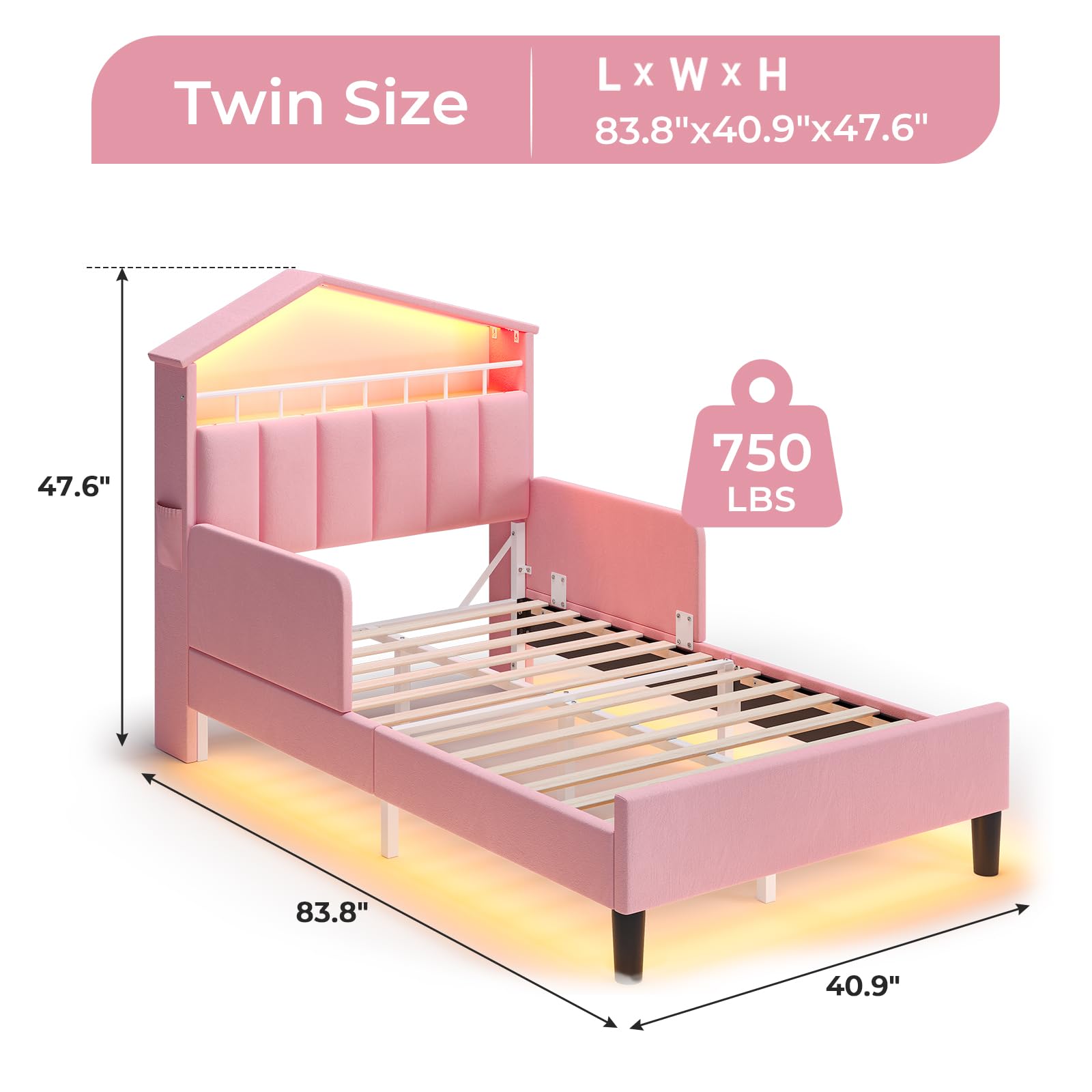 Twin Size Bed Frame with LED Lights,House-Shaped Headboard with Charging Station & Hidden Storage,Velvet Upholstered Platform Bed Twin,Girls Princess Bed with Safety Guardrail,Pink