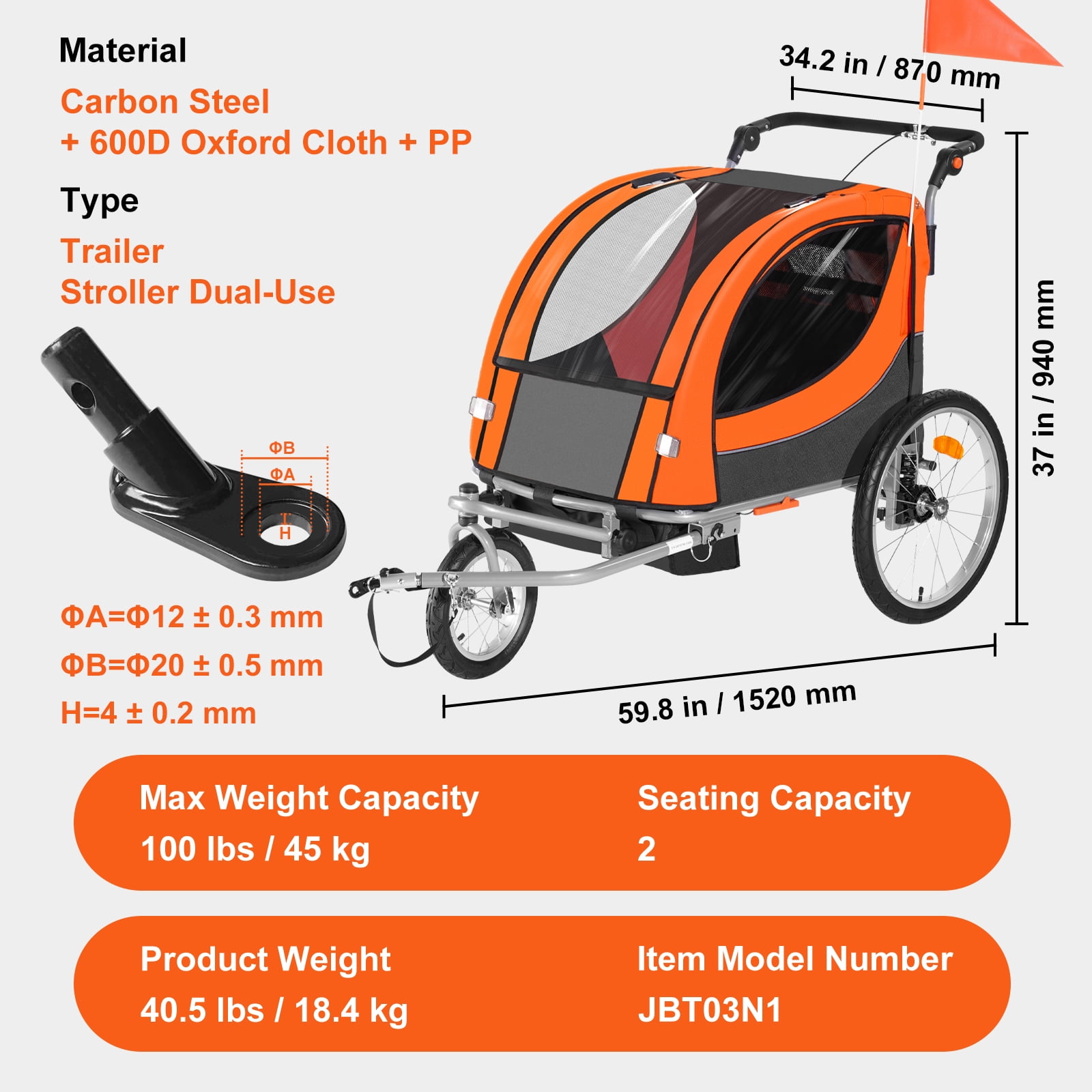 SKYSHALO 100 lbs Foldable 2 Seater Child Bike Trailer, Blue Gray