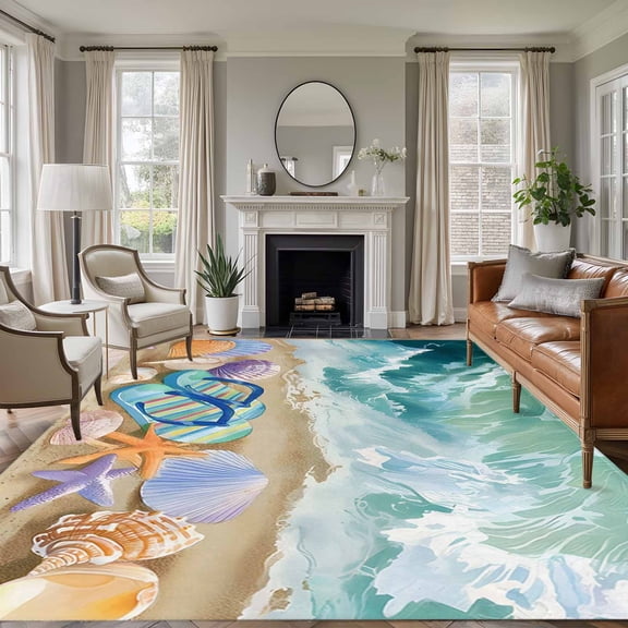 Summer Nautical Area Rugs 8'x10', Washable Small Throw Rugs for Living Room Patio, Ocean Beach Flip Flops Shells Waves Green Indoor Outdoor Rug Non-Slip Low Pile Carpet Runner Reversible Floor Mats