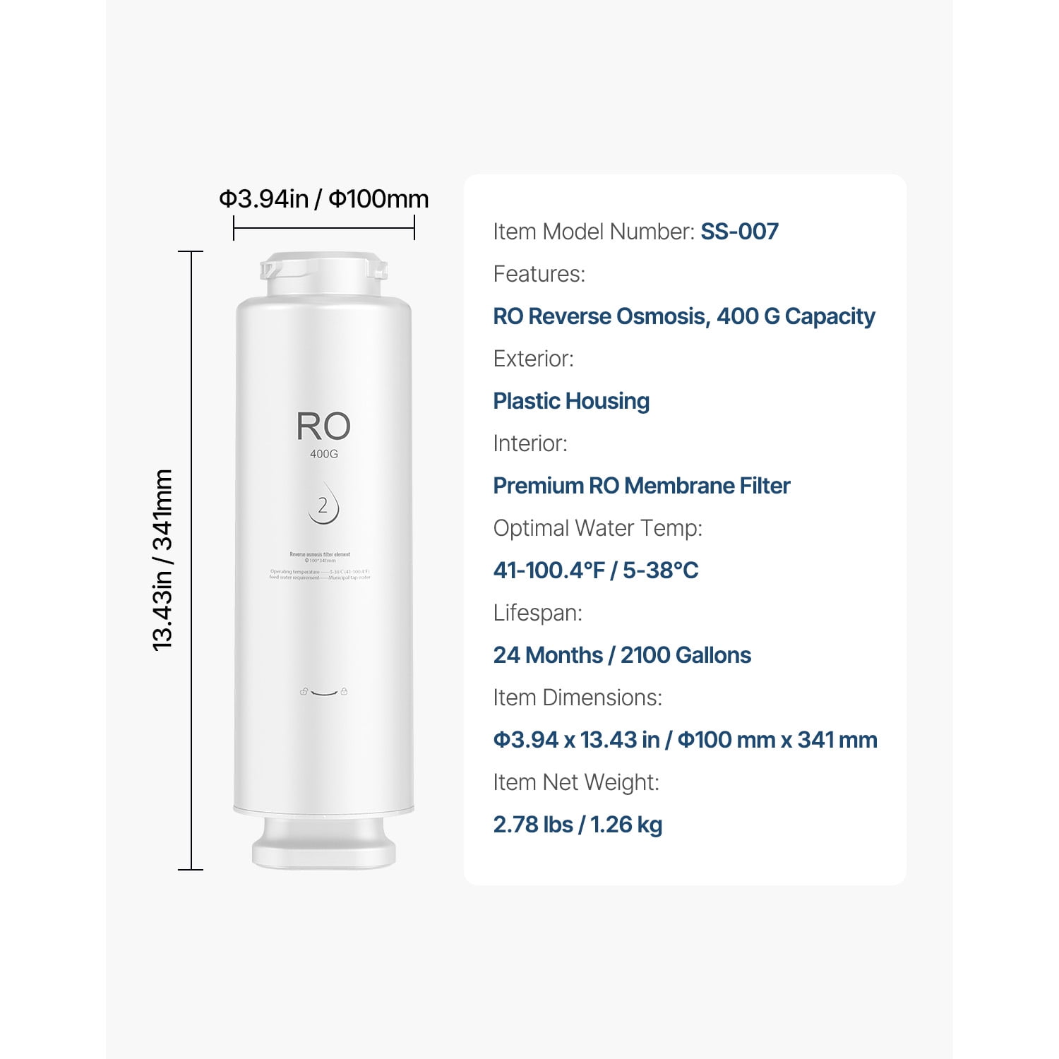 KFFKFF Water Purification System, 400 GPD 9-Phase Water Filtration Refill, RO Cartridge Lasts for 24 Months, Minimizes Lead, Chlorine, Rust, Suitable for SS-001 Under Sink Water Purifier